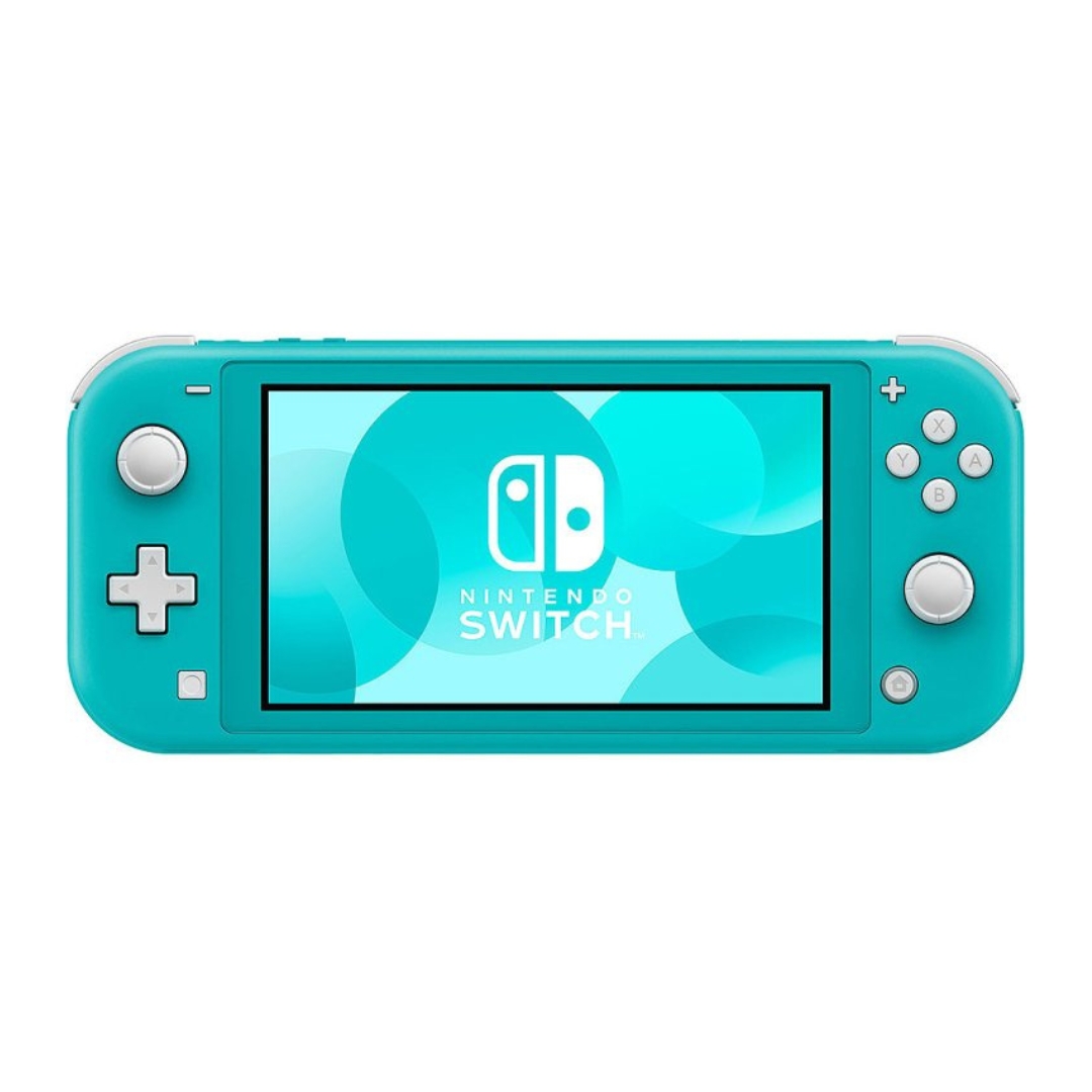 A turquoise handheld video game console toy with a screen, knobs and buttons
