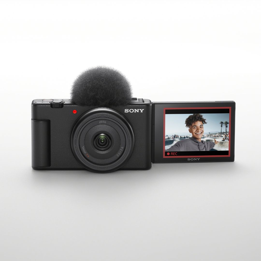 Sony ZV-1F Black Vlog Camera For Content Creators & Vloggers, black camera with foldable viewfinder