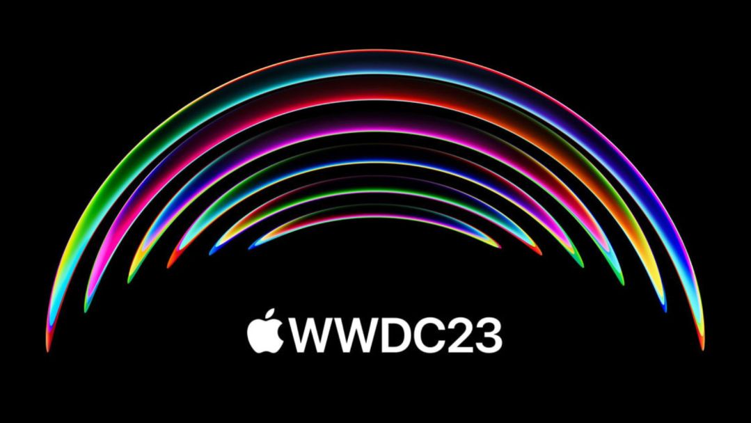 Beautiful neon colors in a radar-like rainbow above the phrase WWDC with the apple logo beside it.