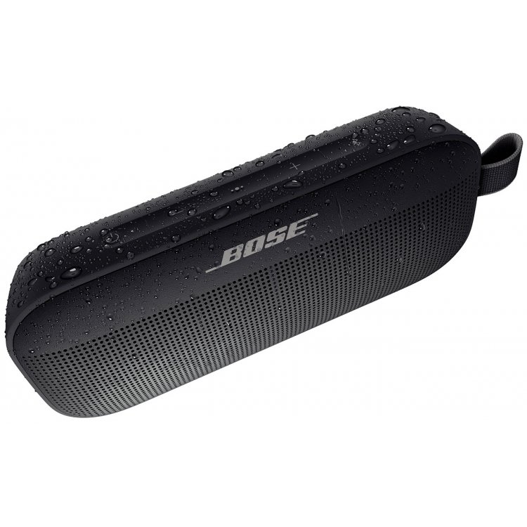 black Bose soundlink flex speaker with water droplets on it