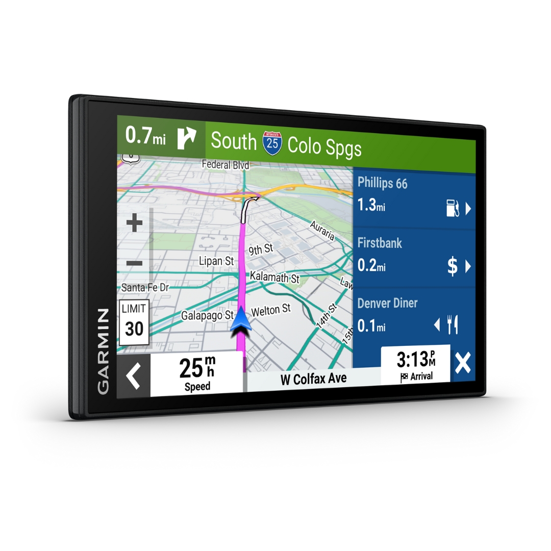 A color touch screen GPS navigation system for your car dashboard. On the screen, a route/directions is already in progress.