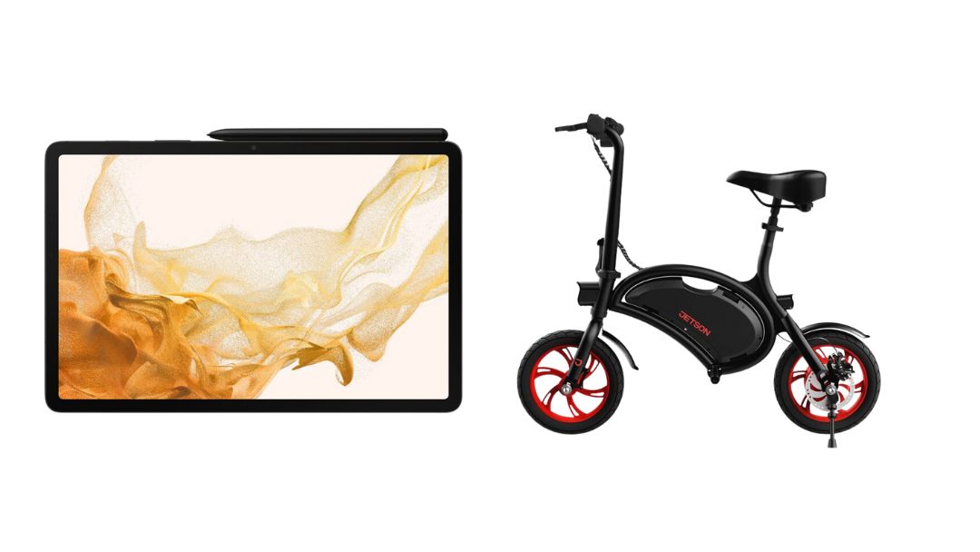 4th place prize: Jetson Bold electric bike and Samsung Galaxy Tab S8 tablet with an image displayed on its screen.
