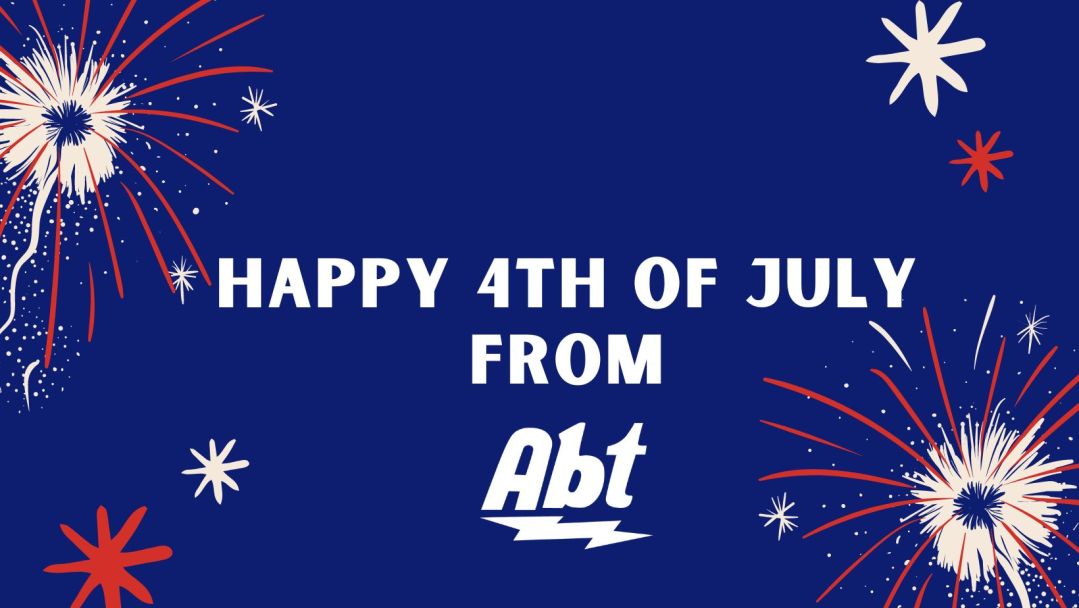 A blue image with red and white fireworks that reads "Happy 4th of July from Abt"