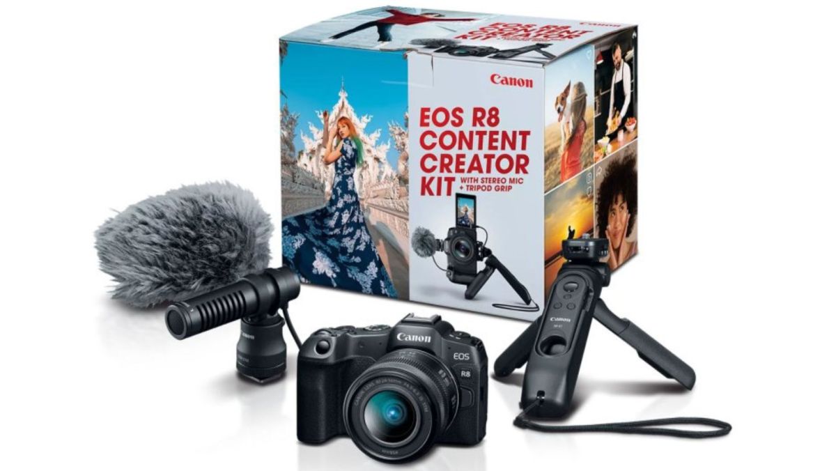 EOS R8 Content Creator Kit complete with a camera, tripod, microphone and windscreen.