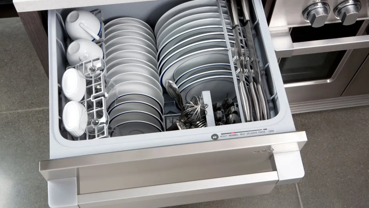 Dishwasher drawer lifestyle, a top drawer sliding out