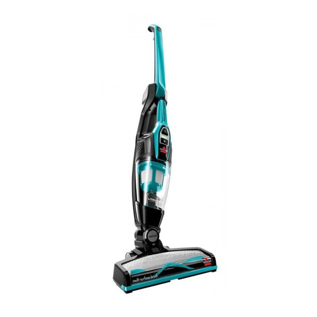 A teal and black vacuum cleaner dorm appliance