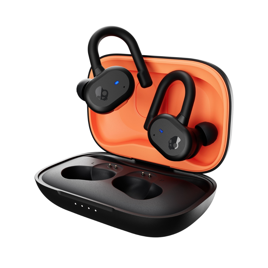 Earbud headphones with ear hooks in a black and orange charging case