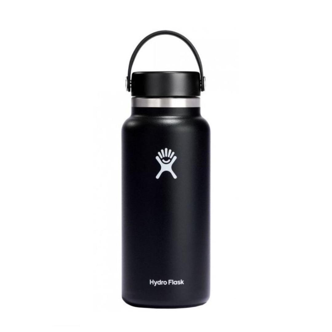 A black reusable water bottle with a handle to use as a workout accessory