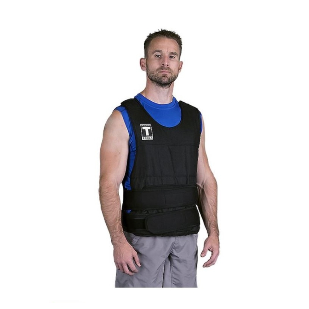 A man wearing a black weighted vest as a workout accessory