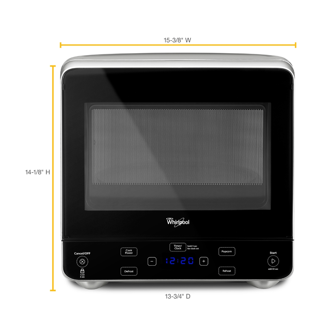 A black microwave dorm appliance with dimension measurements on the sides