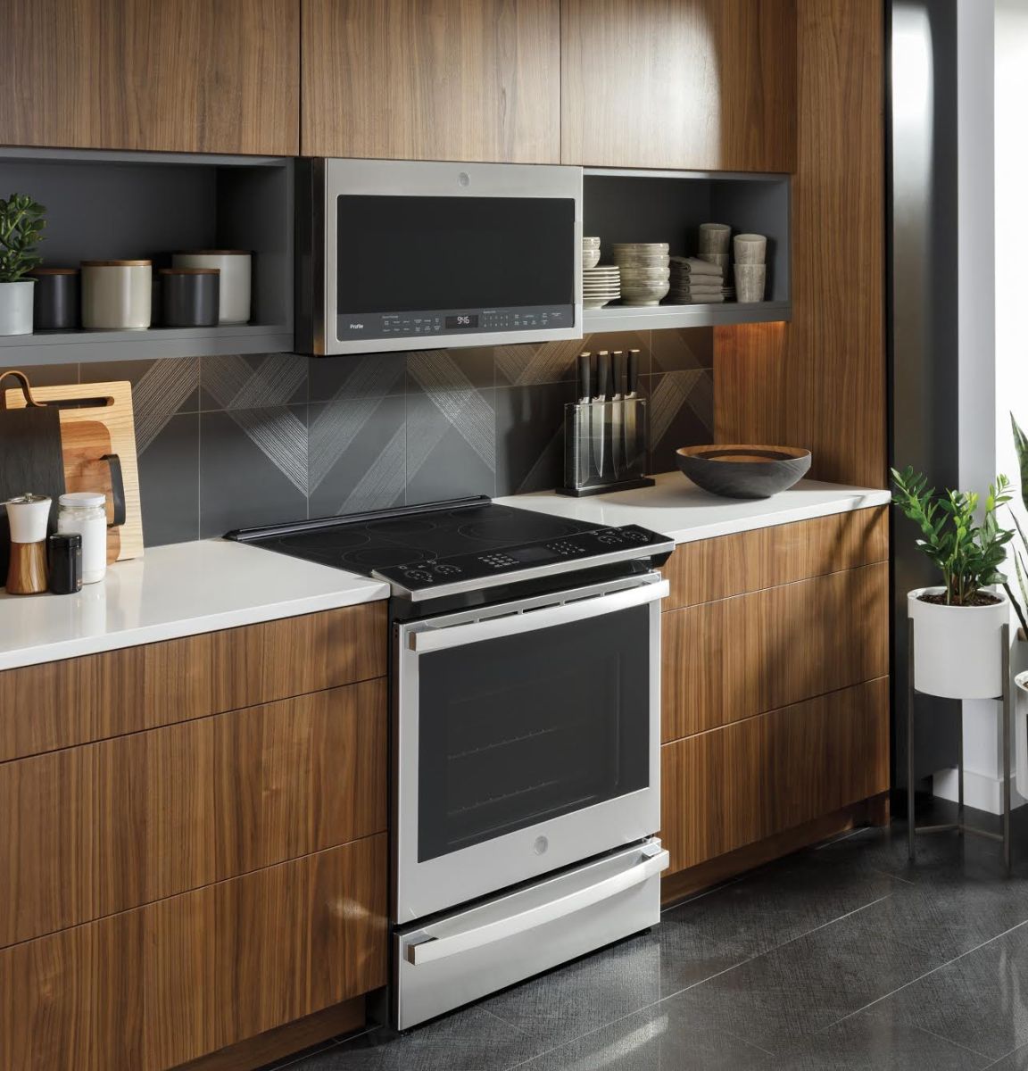 Kitchen with GE Profile smart range.