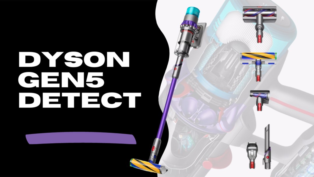 A graphic design that reads "Dyson Gen5 Detect" and features photos of the vacuum and it's multiple detachable parts.