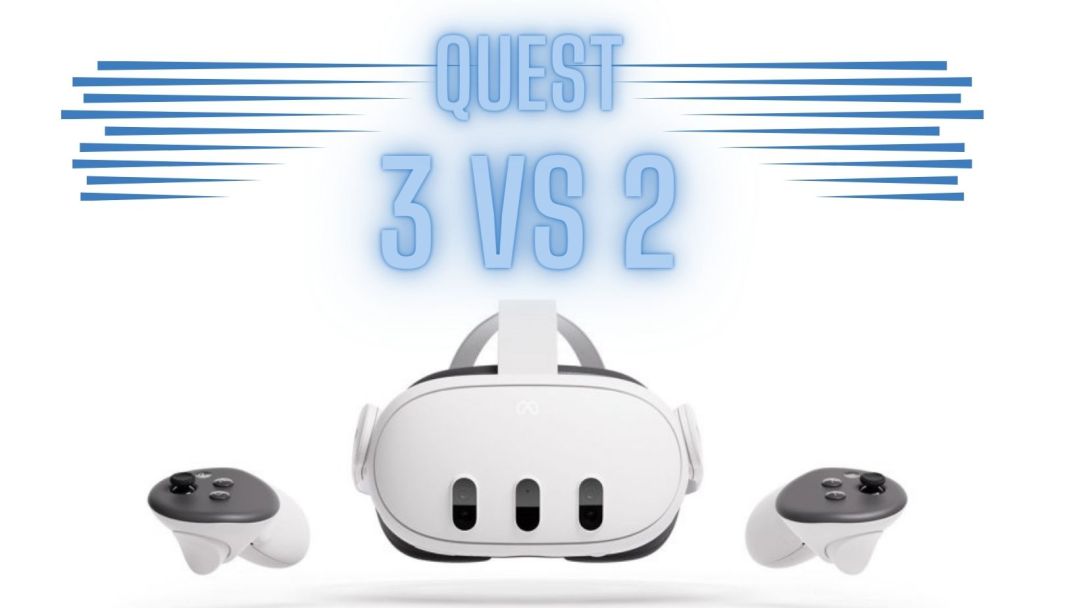 An image of the Meta Quest 3 with the caption "Meta Quest 3 vs 2"