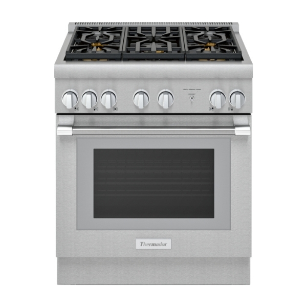A silver range with black cooktop grates