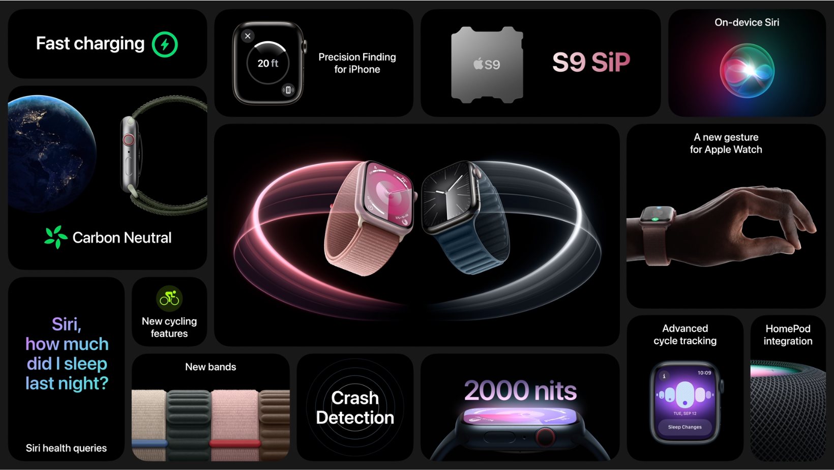 apple watch series 9 in pink and black with graphics explaining features like Double Tap and available watch band colors