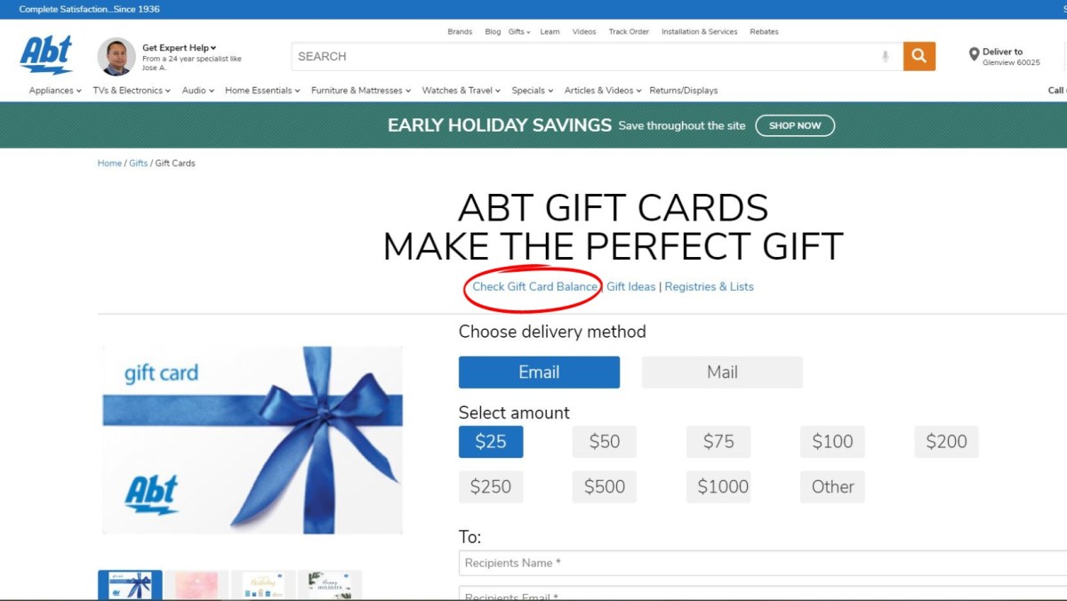 The Abt gift card page on the website with "Check Gift Card Balance" circled in red.