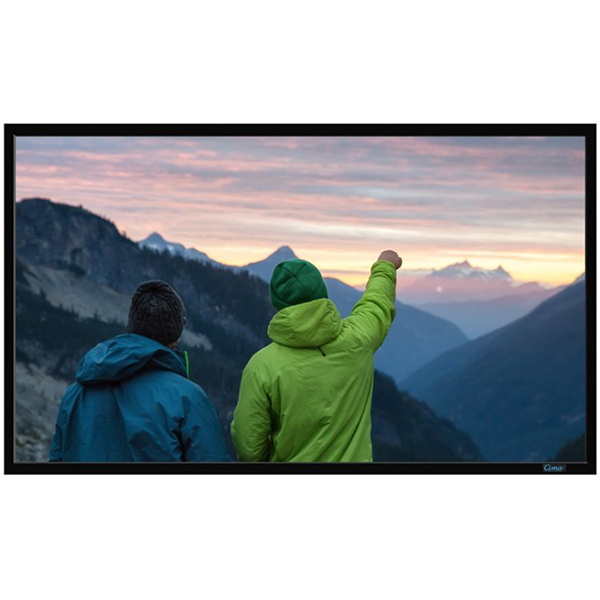 A projector screen with a black frame showing an image of two people facing a mountain range.