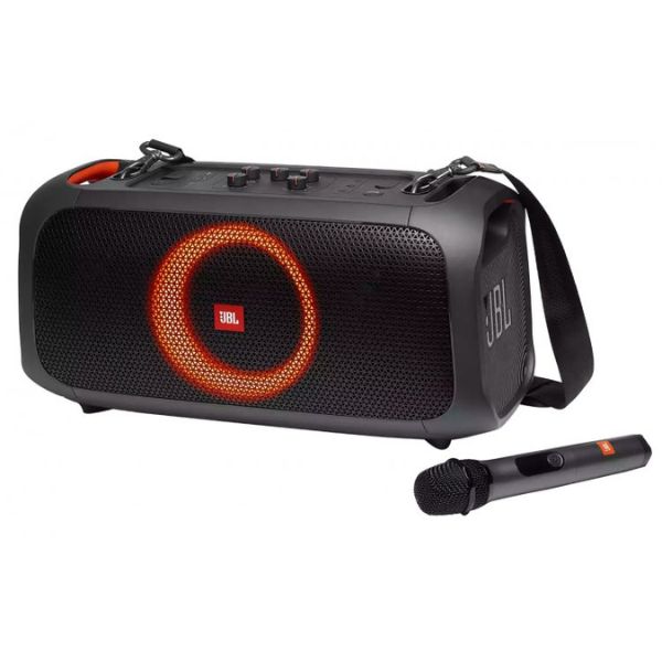  JBL PartyBox On-The-Go Black Powerful Portable Bluetooth Party Speaker with microphone against a white background