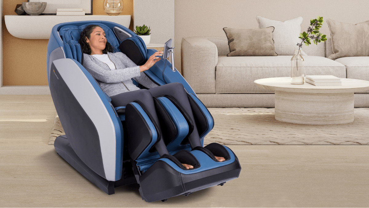 Woman relaxing in a massage chair.