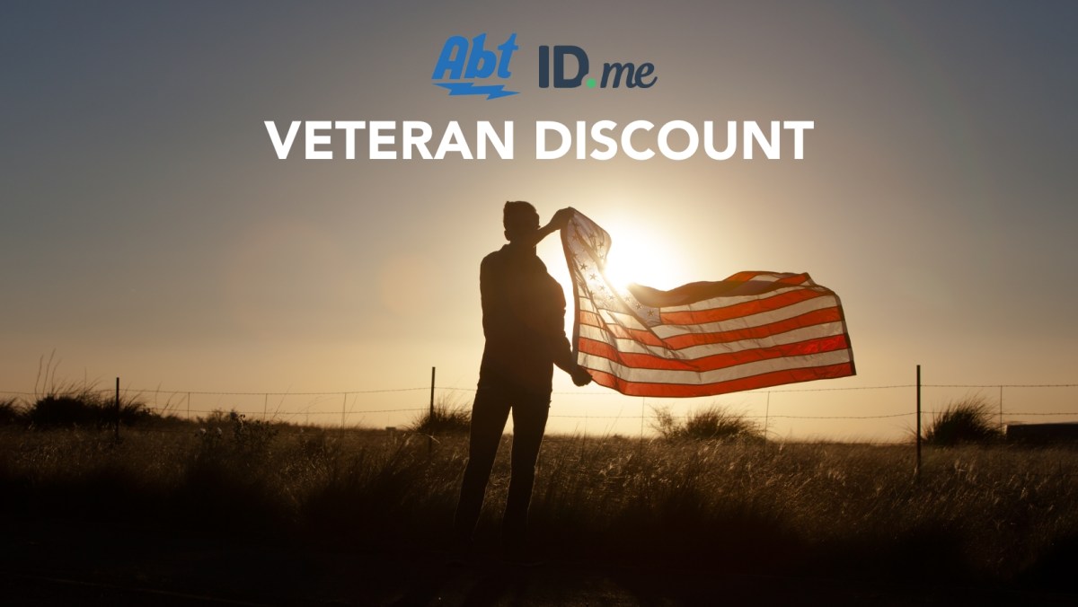 A man holding an American flag in the sunset with the text reading "VETERAN DISCOUNT". The Abt logo and the ID.me logo are above it.