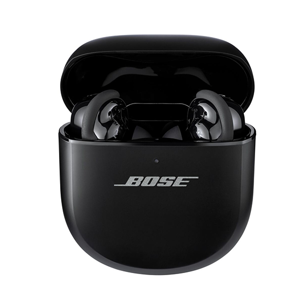Black Bose earbuds inside a charging case