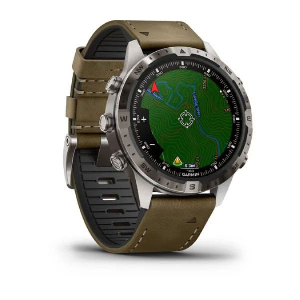 Garmin MARQ Adventurer (Gen 2) Modern Tool Watch with an army green band and an image of a navigational map onscreen