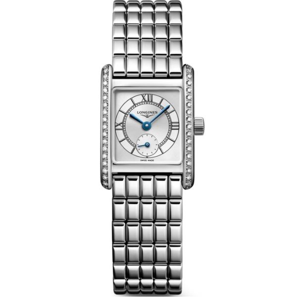 front view of stainless steel watch with square face and diamonds