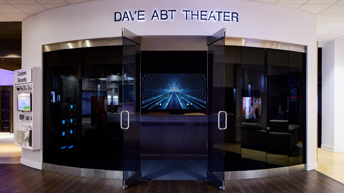 The Dave Abt Theater Viewed from the outside. Viewers can see the Samsung The Wall screen as well as the comfortable home theater seating 