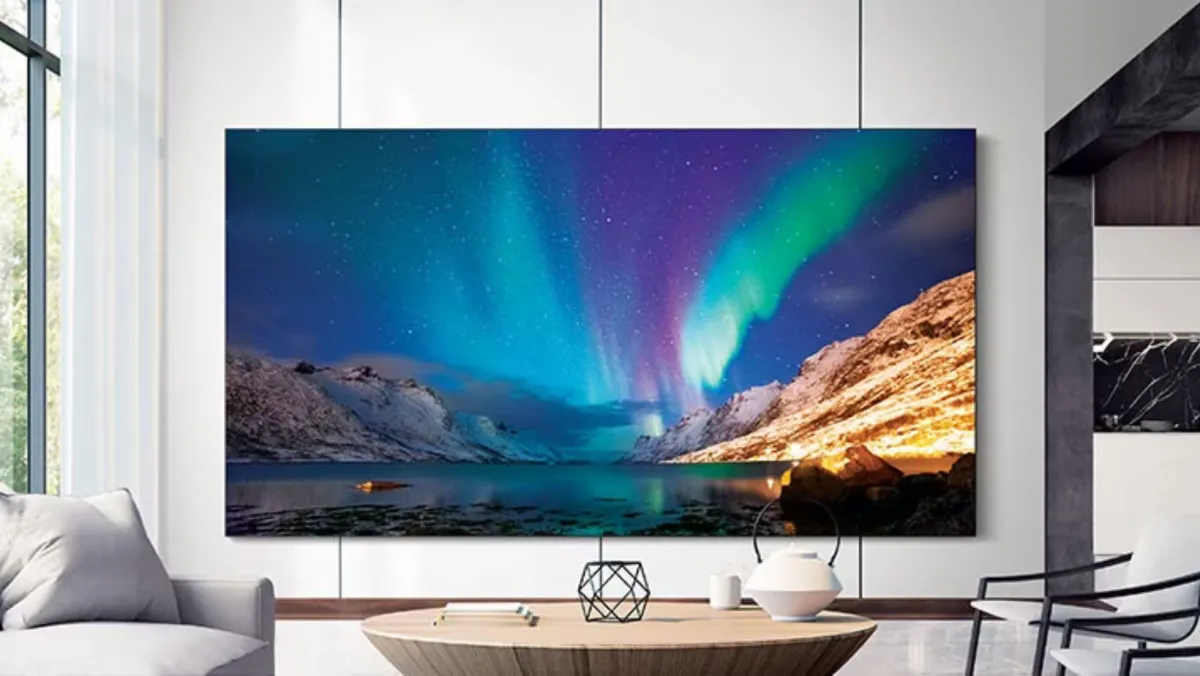 Samsung The Wall TV displaying an Aurora Borealis in a living room