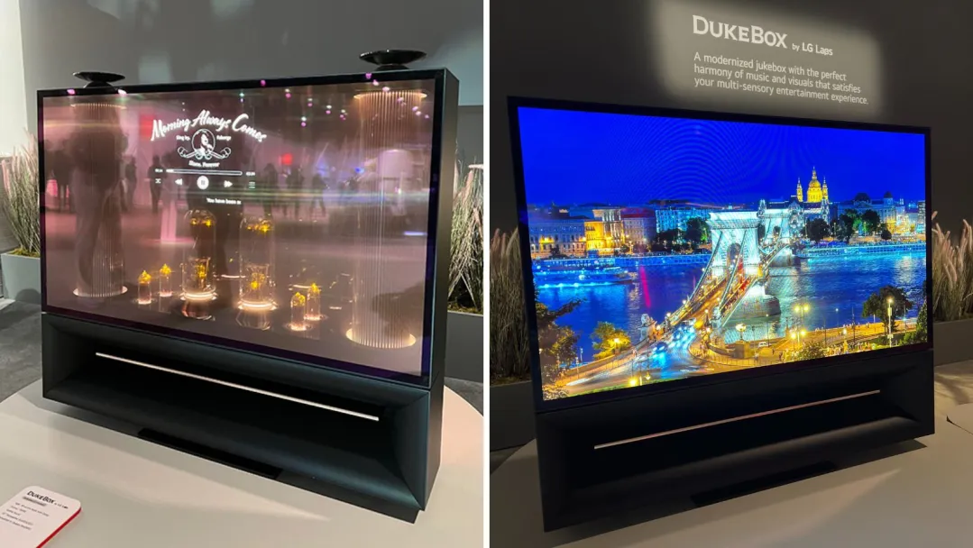 Two images of the LG Dukebox at CES 2024, side by side