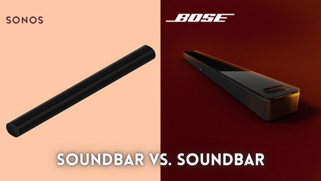 A photo of the Sonos Arc soundbar on the left and a photo of the Bose Smart Ultra soundbar on the right with the text "Soundbar vs. Soundbar" underneath