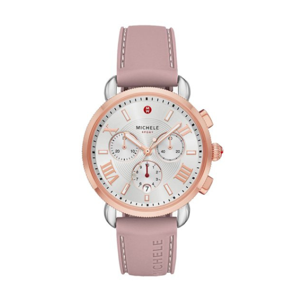Michele Sporty Sport Sail Chronograph Silver Sunray Dial Rose Silicone Strap Watch, 38mm