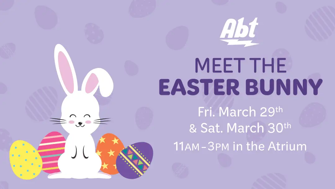 A purple background with a white button and multi-colored Easter eggs around it, advertising Abt's Easter Bunny pictures event.