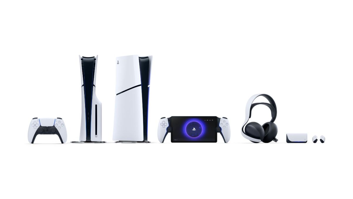 A PS5 remote, PS5 disc console, PS5 digital console, Portal remote player, elite headset, and freedom headphones