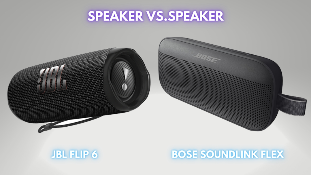 A black JBL Flip 6 speaker next to a black Bose SoundLink Flex speaker. Text above reads "Speaker vs. Speaker".