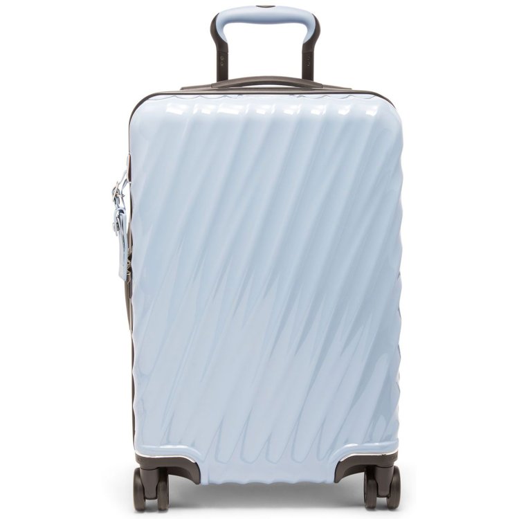 A front-facing image of the halogen blue TUMI 19 Degree Carry-On luggage