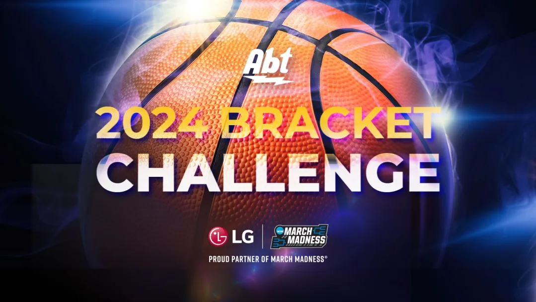 An image of a basketball with the words "2024 Bracket Challenge: LG | Partner of March Madness" over the top