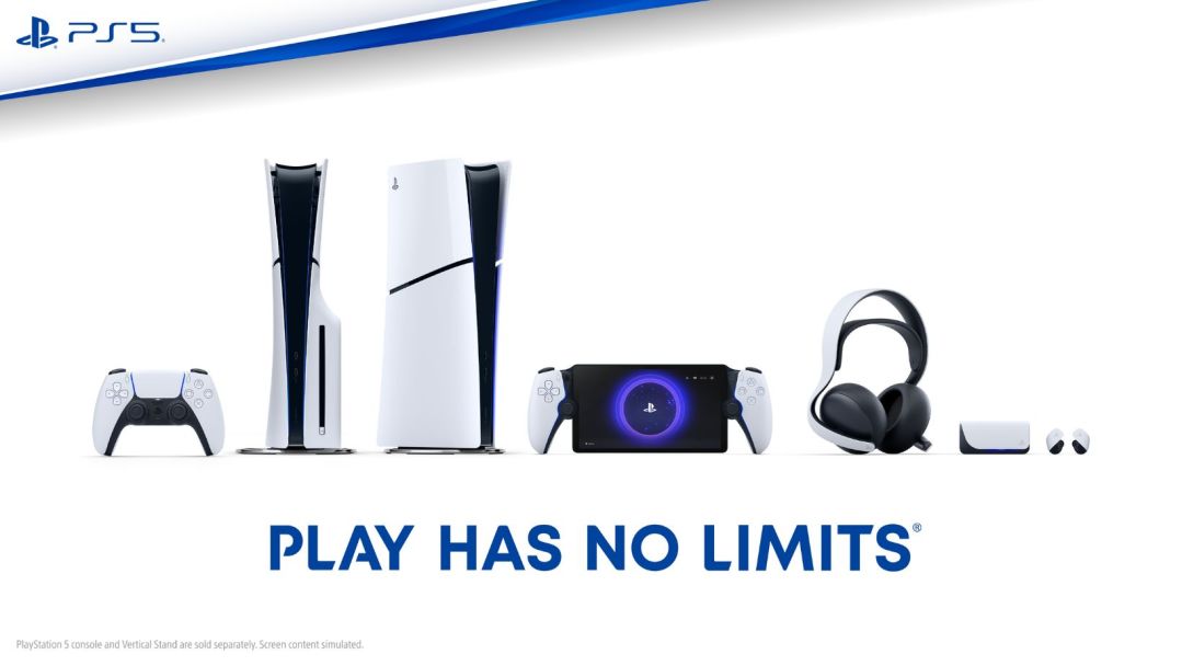 An image with every PS5 console and new peripherals, like the new Elite headset, Explore earbuds, and Portal Remote Player