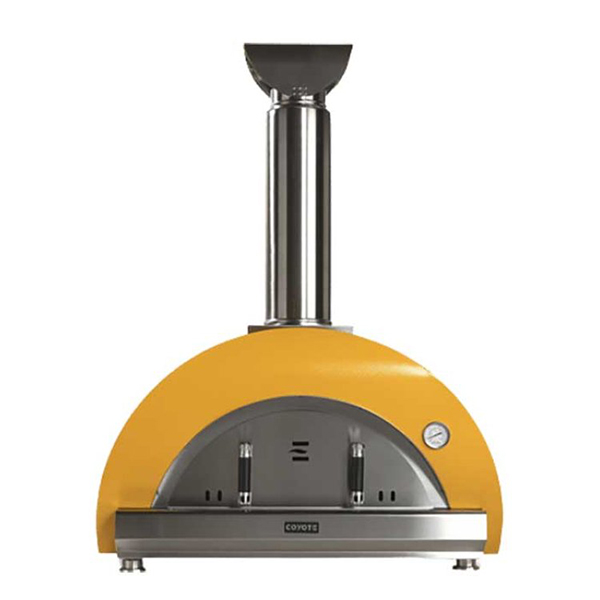 A yellow outdoor pizza oven