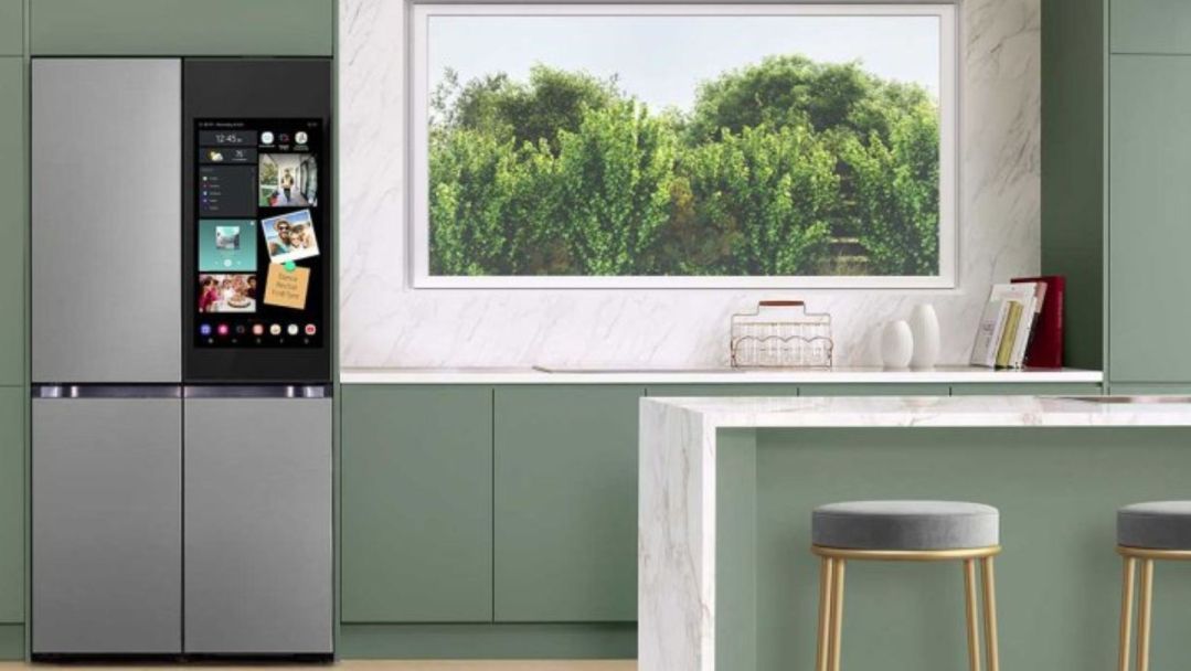 Samsung Bespoke Family Hub+ AI Vision inside in a kitchen with sage cabinetry