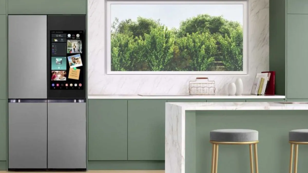 Samsung Bespoke Family Hub+ AI Vision inside in a kitchen with sage cabinetry