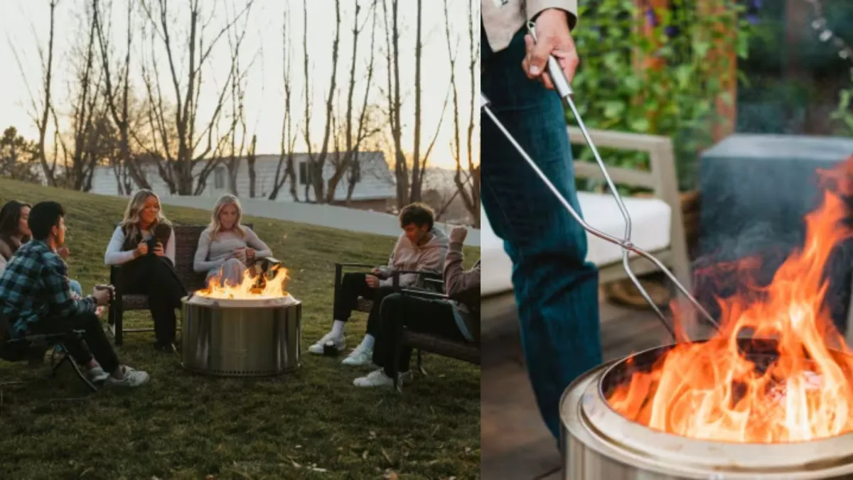 two images, one of a large solo stove fire pit with several seats and teens surrounding it. Next to it is a zoomed in image of a solo stove with a person adjusting the logs with metal tongs.