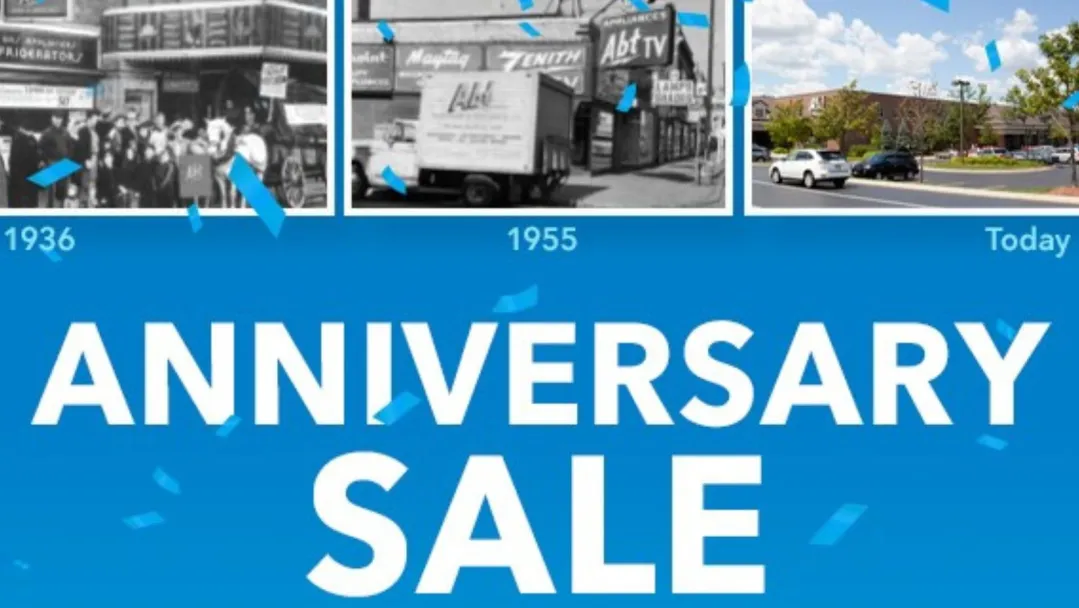 A banner reading "Anniversary Sale with three images of Abt storefronts: in 1936, in 1955 and in Glenview Today