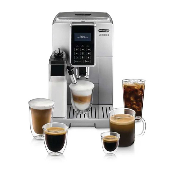 A silver colored espresso machine surrounded by different coffee beverages for Mother's Day