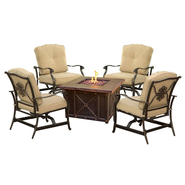A patio furniture set featuring four beige chairs and a fire pit in the middle.