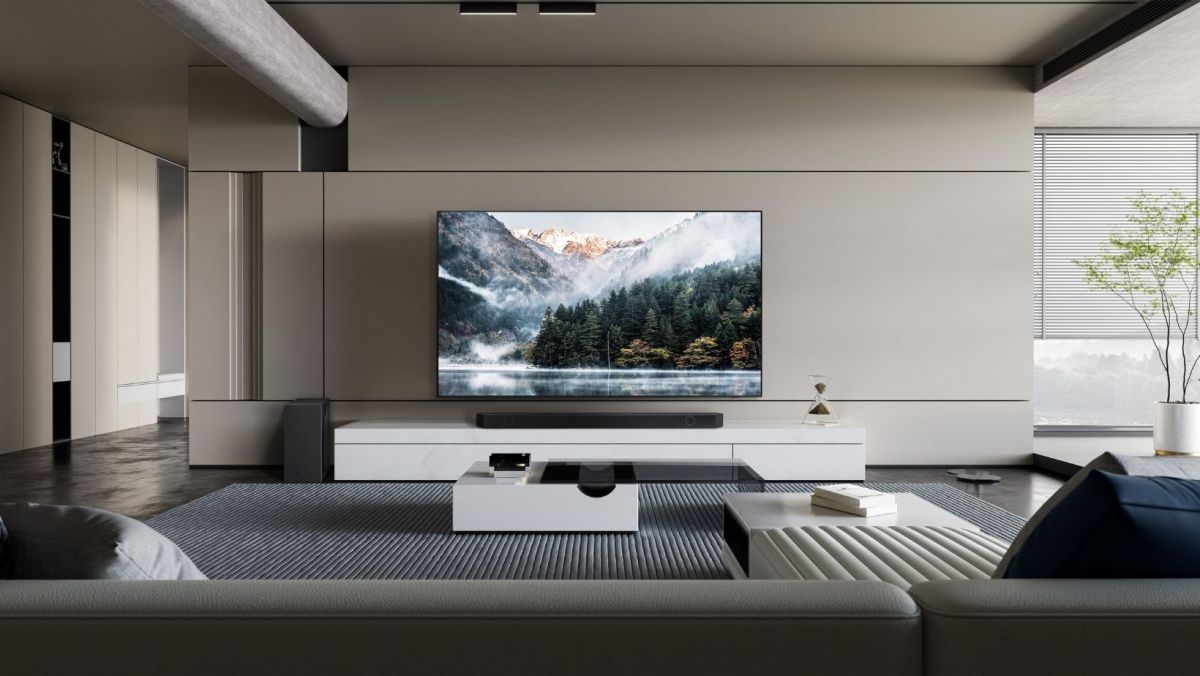 The S95D TV by Samsung in a minimalist Living room with a soundbar
