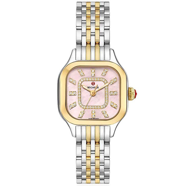 A watch with a pink dial face and a silver/gold strap as a Mother's Day gift.
