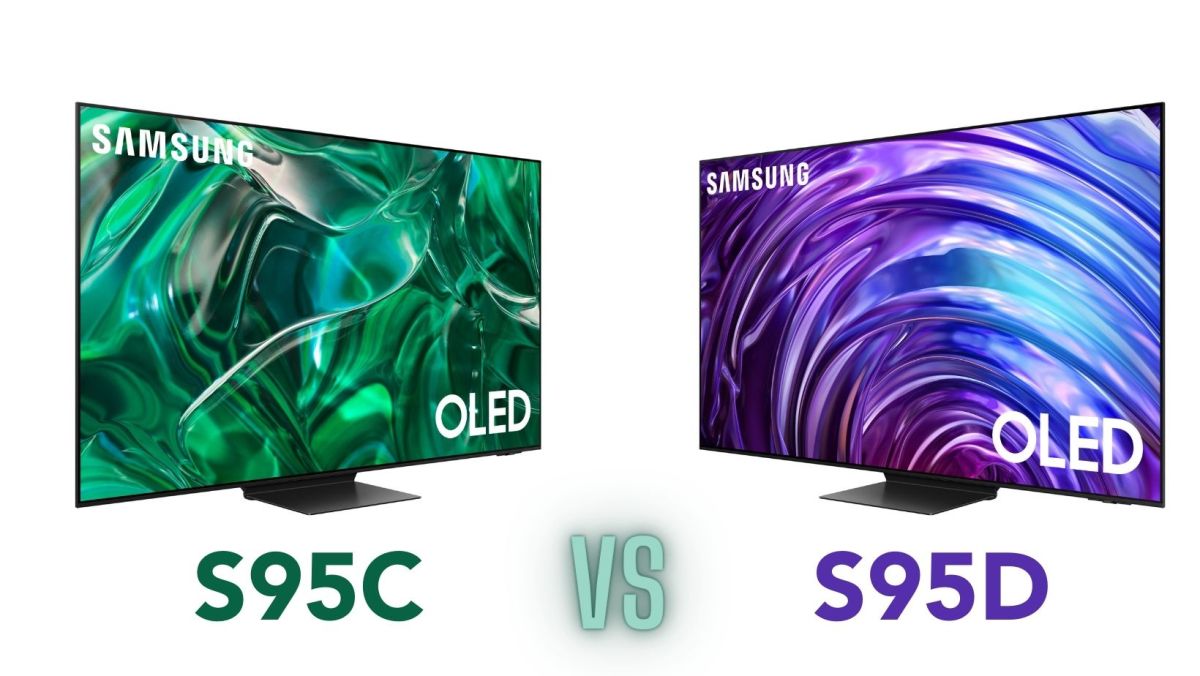 An image With the text "S95C vs S95D" and both OLED Samsung TVs facing off.