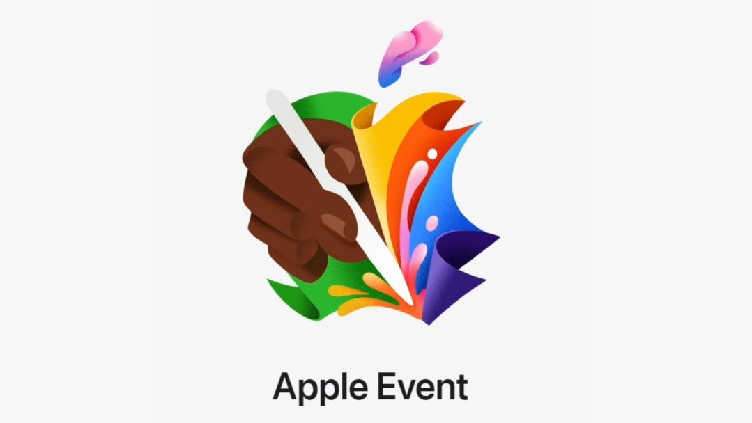 multicolor illustration of the Apple logo with a brown hand holding an Apple Pencil