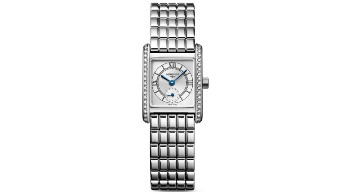 An image of the Longines Mini DolceVita watch, silver bracelet with a rectangular face set with small diamonds